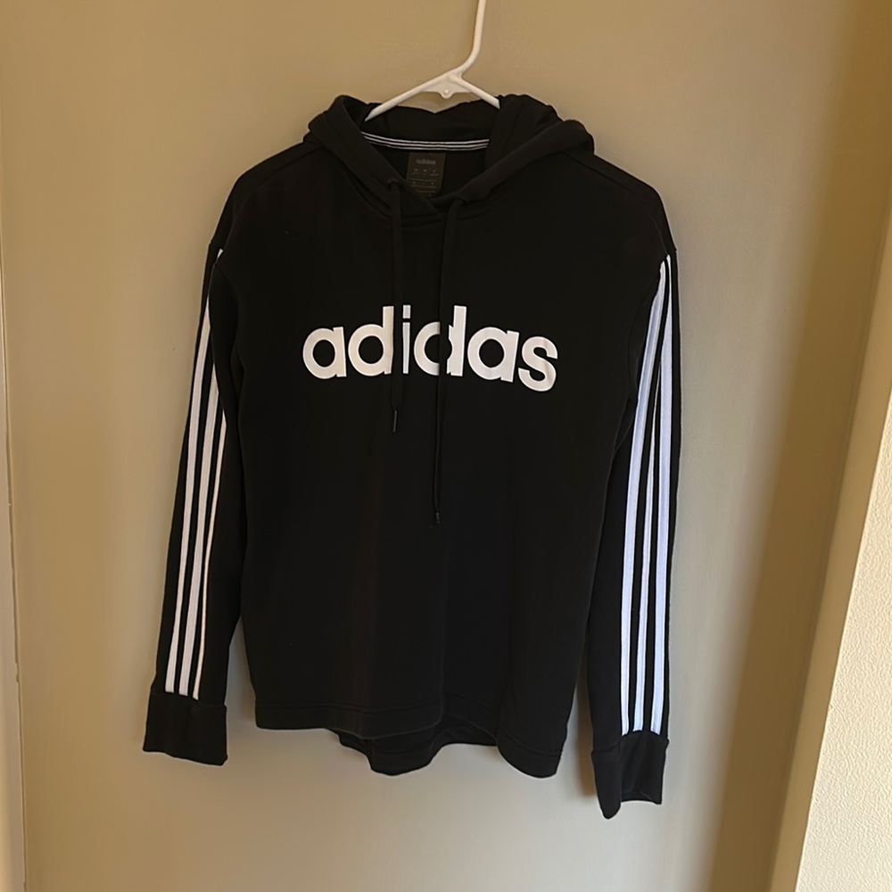 Adidas Black Hoodie with White Logo and Stripes